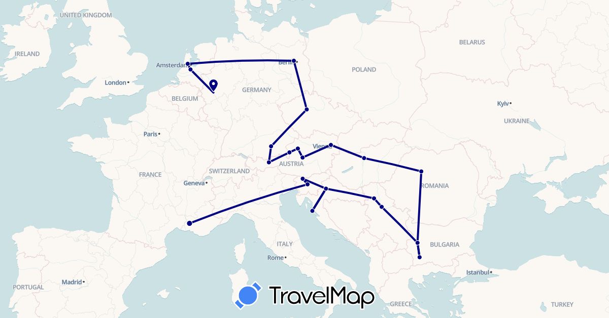 TravelMap itinerary: driving in Austria, Bulgaria, Czech Republic, Germany, France, Croatia, Hungary, Netherlands, Romania, Serbia, Slovenia (Europe)
